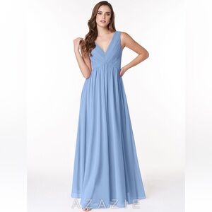 Azazie Ranvie Steel Blue Flowy V-Neck Pleated Chiffon Dress